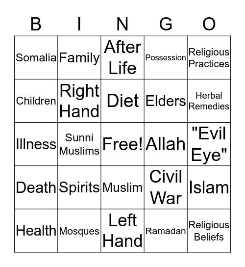 Somali Culture Bingo Card