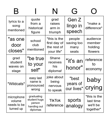 Shane's Graduation Bingo Card