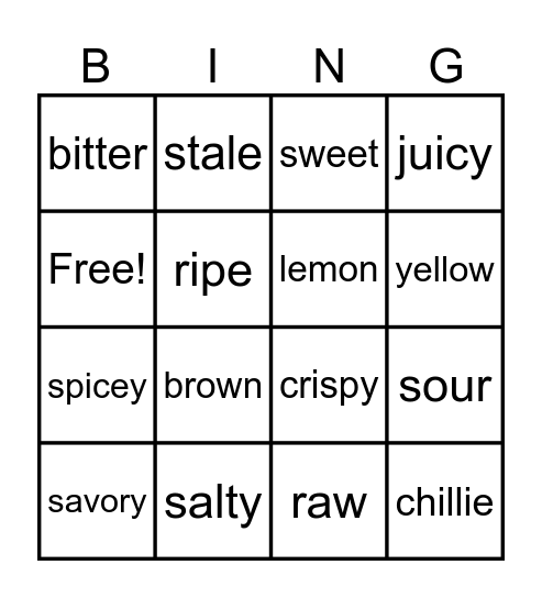 Food Adjectives Bingo Card