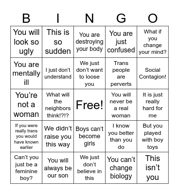 Transphobic Parents Bingo Card