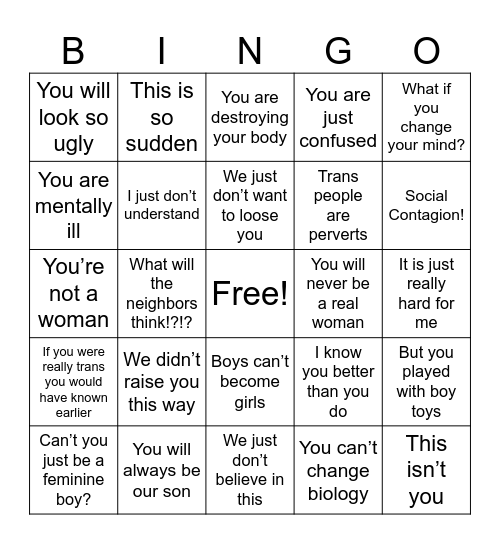 Transphobic Parents Bingo Card