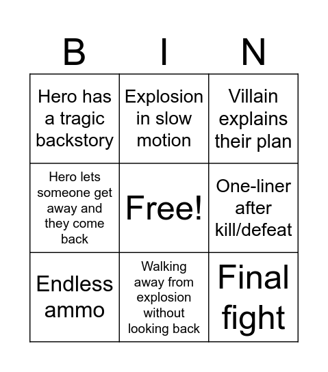 Action Movie Bingo Card