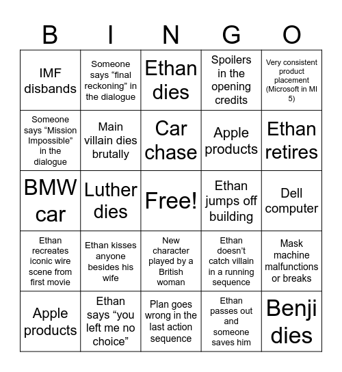 Mission Impossible: Final Reckoning Bingo Card