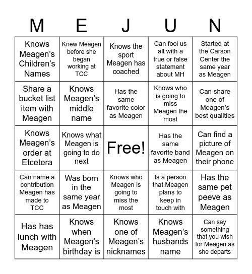 MISSING MEAGEN Bingo Card