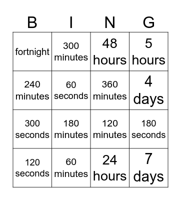 Time converstion Bingo Card