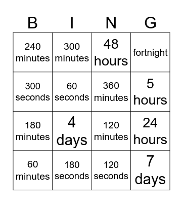 Time converstion Bingo Card