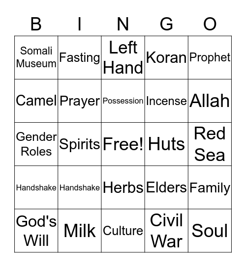 Somali Culture Bingo Card