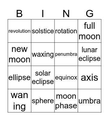 EARTH - MOON -SUN BINGO  Bingo Card
