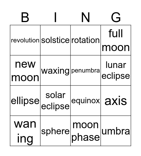 EARTH - MOON -SUN BINGO  Bingo Card