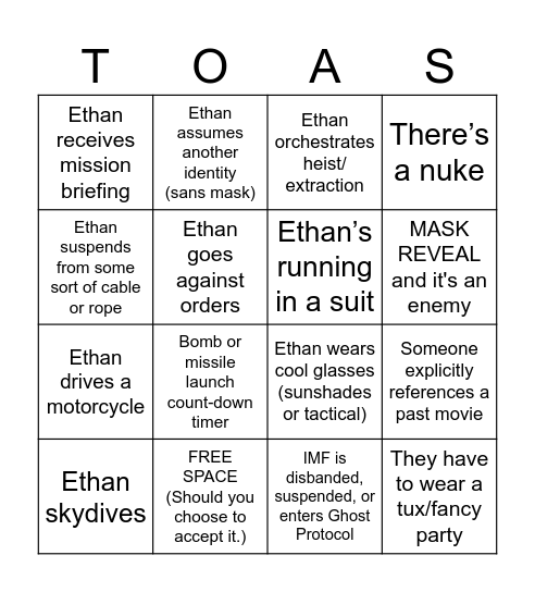 Mission Impossible Bingo Card