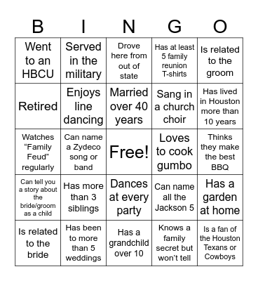 Wedding Welcome BINGO! Let’s mix, mingle, and celebrate love! To win, fill in a row (across, down, or diagonal) by finding someone from the other side who fits the square. You must write their name in each box.  You can only use each person once. Bingo Card