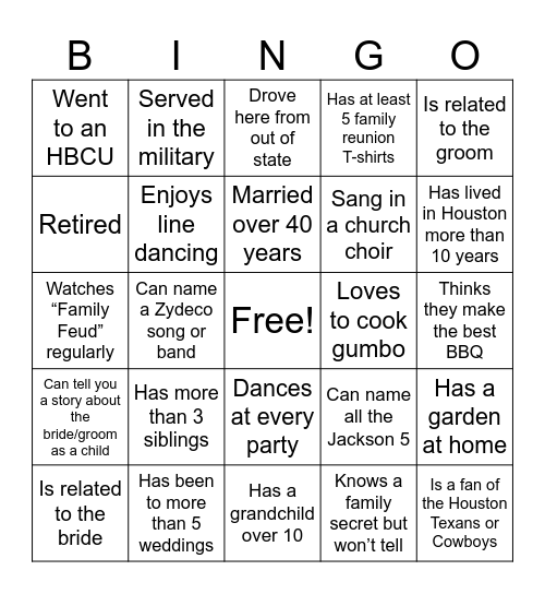 Wedding Welcome BINGO! Let’s mix, mingle, and celebrate love! To win, fill in a row (across, down, or diagonal) by finding someone from the other side who fits the square. You must write their name in each box.  You can only use each person once. Bingo Card