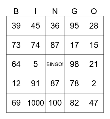 Numéros Bingo Card