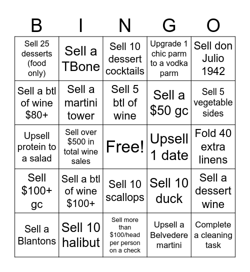 Upsell Bingo Card