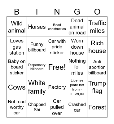Road trip bingo Card