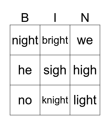 igh words Bingo Card