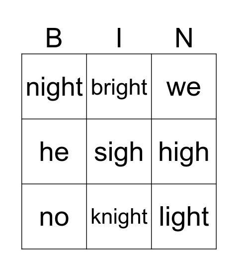 igh words Bingo Card