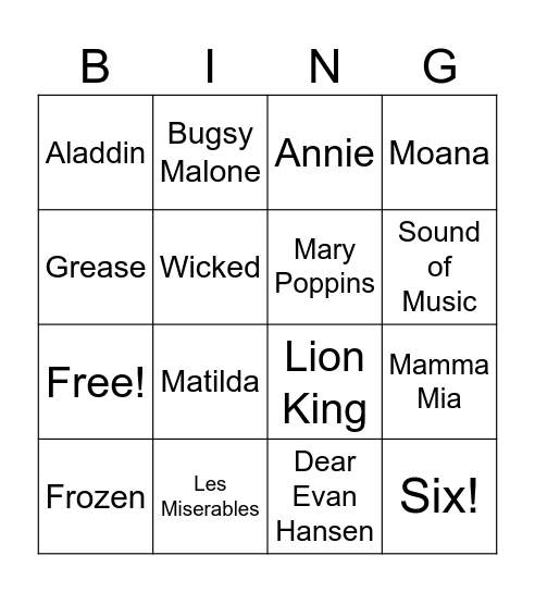Musicals Bingo Card