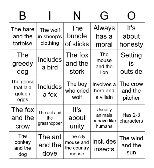 Fable Bingo Card