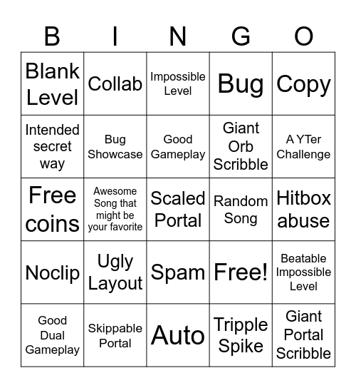 Recent Tab Bingo (Geometry Dash) Bingo Card