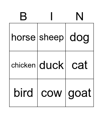 Animals Bingo Card