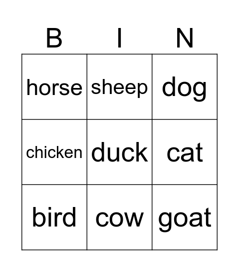 Animals Bingo Card
