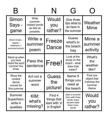 Classroom Action Bingo Card