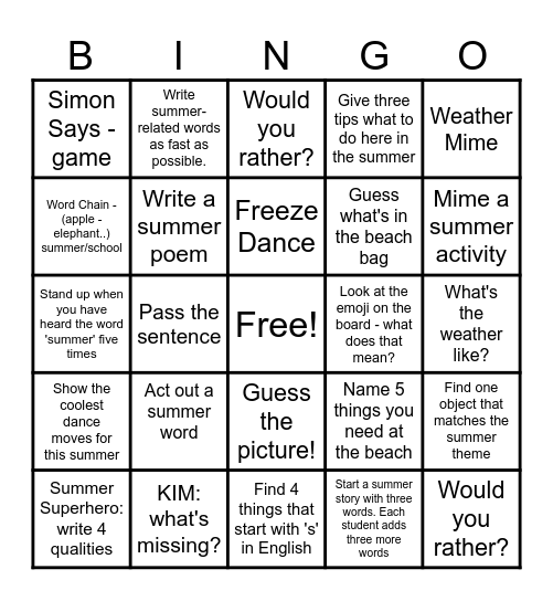 Classroom Action Bingo Card