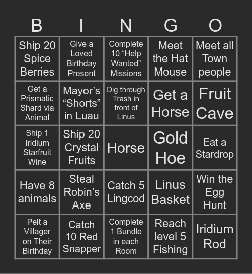 Stardew Valley Randomized Bingo Card