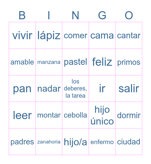 8th grade Spanish Final Vocab Bingo Card