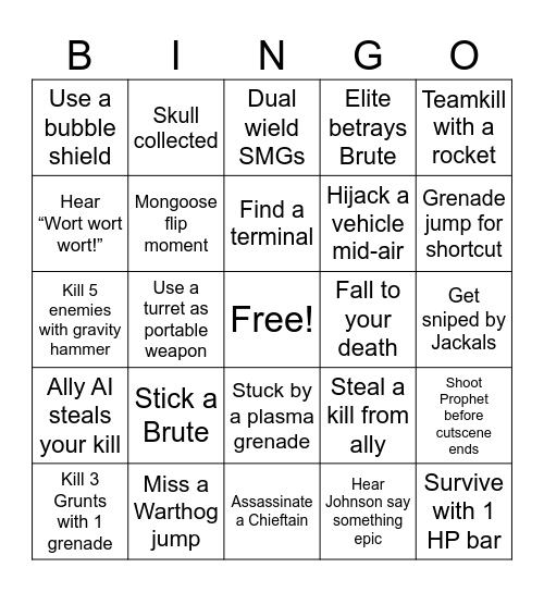 Halo 3 Campaign Bingo Card