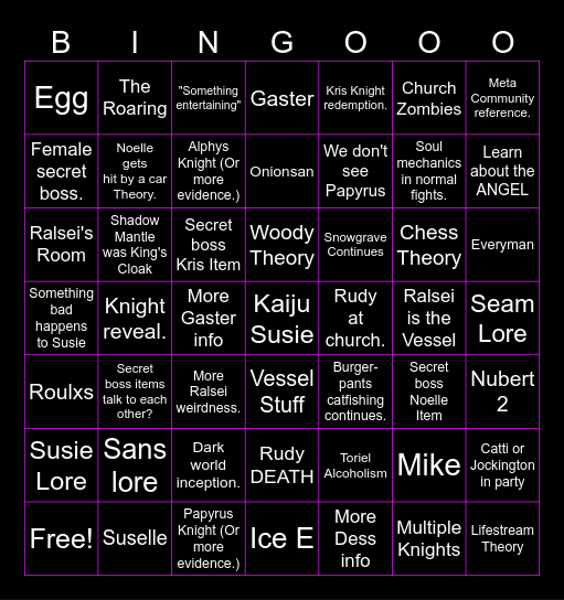 Deltarune Chapter 3 and 4 BINGO Card