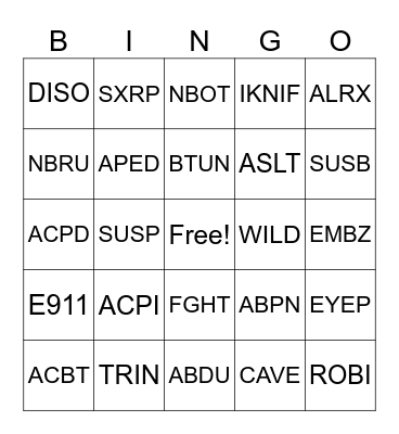 Nature Code Bingo Card