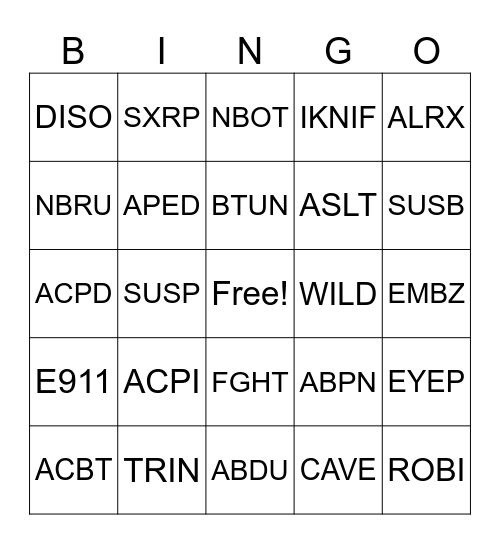 Nature Code Bingo Card