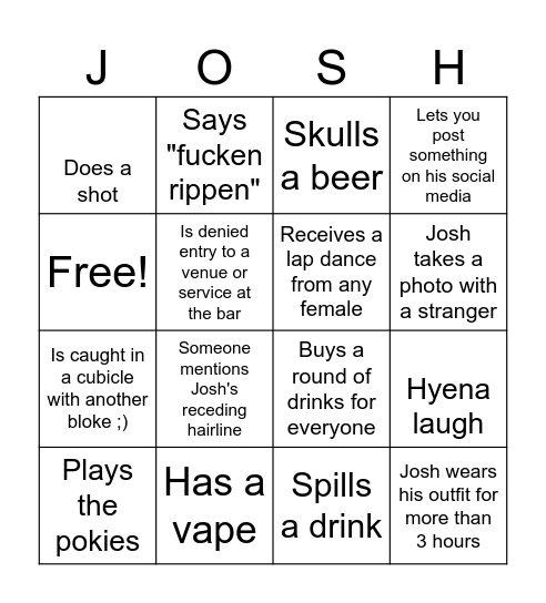 Josh's Bucks Bingo Card