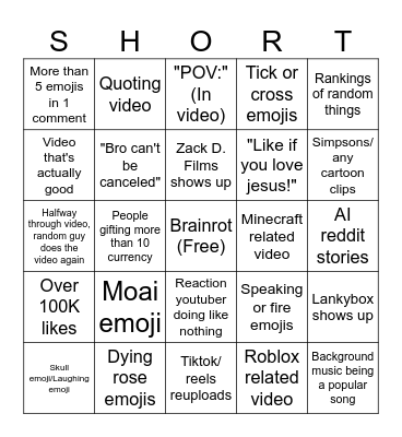 Funny Brainrot Bingo Card