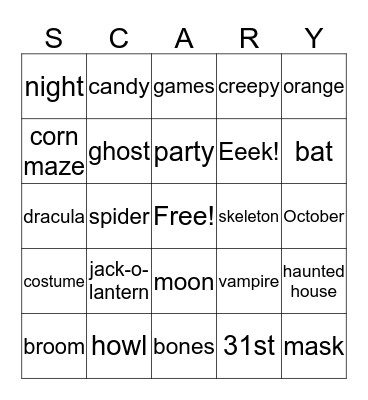 Mrs. Schenk's Halloween Party 2016 Bingo Card