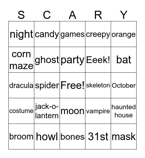 Mrs. Schenk's Halloween Party 2016 Bingo Card