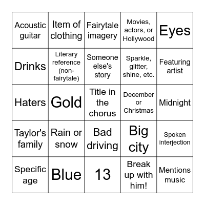 Taylor Swift Bingo Card