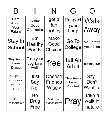 Drug Free Bingo Card