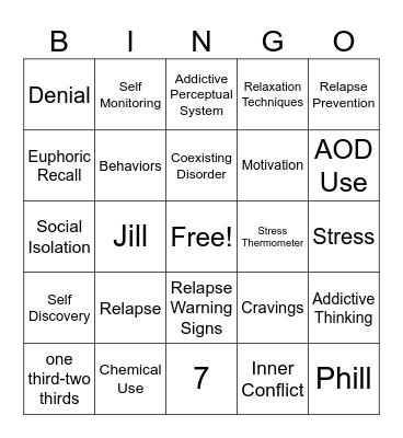 Relapse Prevention Therapy Bingo Card
