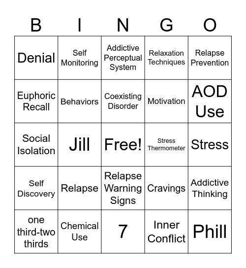 Relapse Prevention Therapy Bingo Card