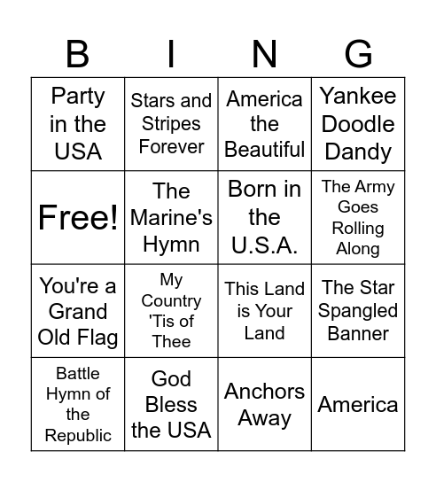 Name that Tune: Memorial Day Weekend Bingo Card