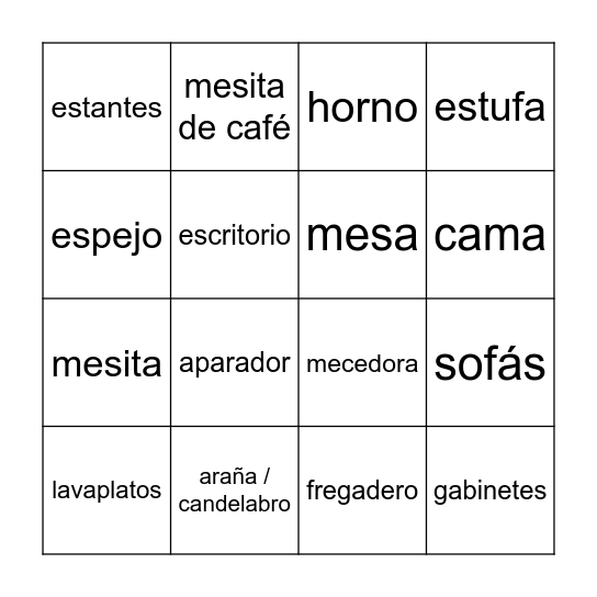 MINI-BINGO (DAY 1 & 2): Preposiciones y muebles Bingo Card