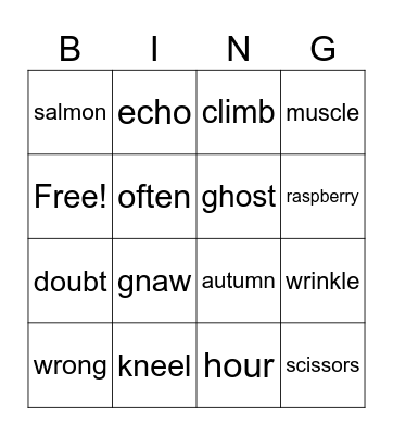 silent letter words Bingo Card