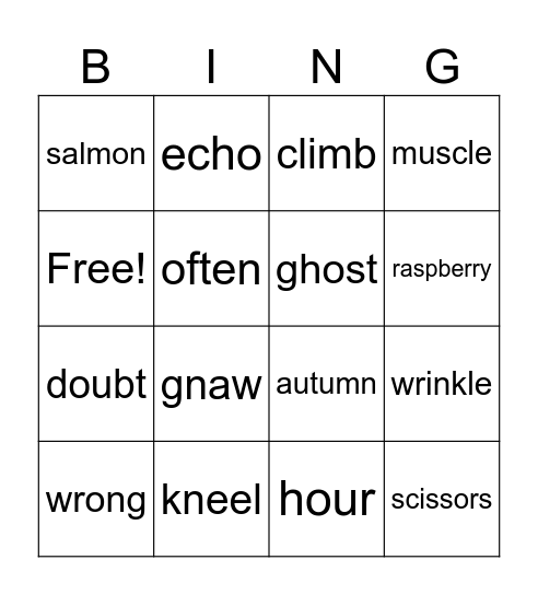 silent letter words Bingo Card