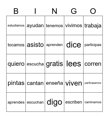 Spanish Regular Verbs Bingo Card