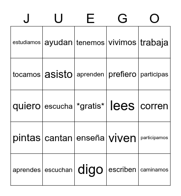 Spanish Verbs Bingo Card