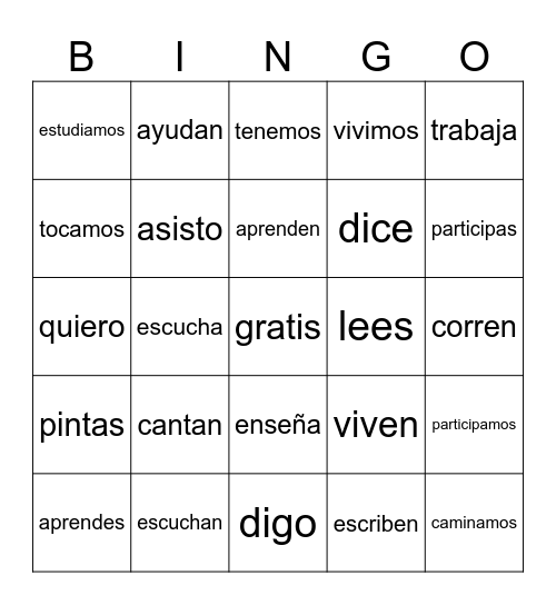 Spanish Regular Verbs Bingo Card