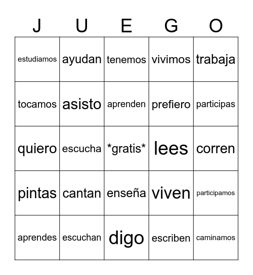 Spanish Verbs Bingo Card